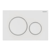 Matte white rectangular actuator plate with two circular flush buttons of different sizes outlined in gray.