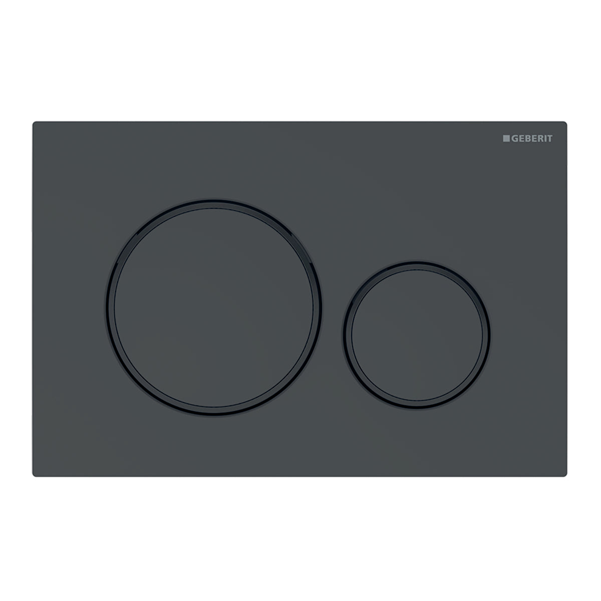 Matte black rectangular actuator plate with two circular flush buttons, larger on left and smaller on right.
