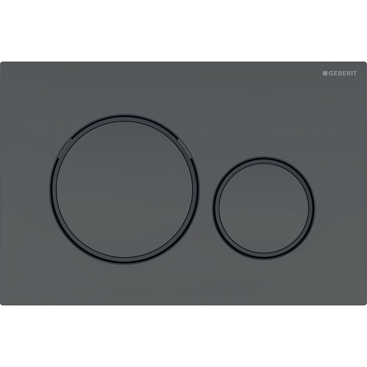 Black rectangular actuator plate with two circular flush buttons, larger on left and smaller on right.