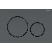 Black rectangular actuator plate with two circular flush buttons, larger on left and smaller on right.