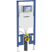 Blue metal frame wall-hung toilet carrier with white water tank, yellow valve connectors, and black pipe outlet.