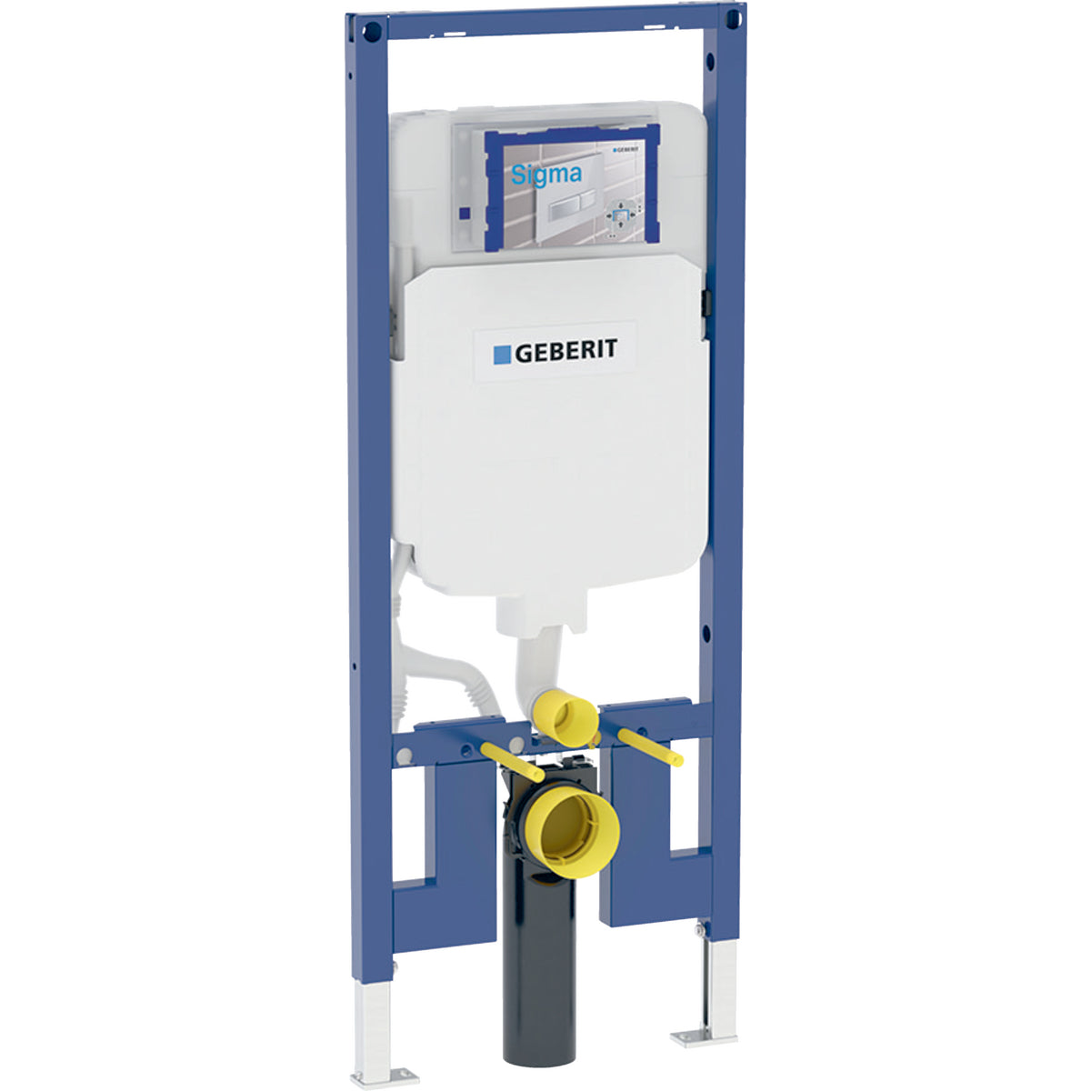 Blue metal frame wall-hung toilet carrier with white water tank, yellow valve connectors, and black pipe outlet.