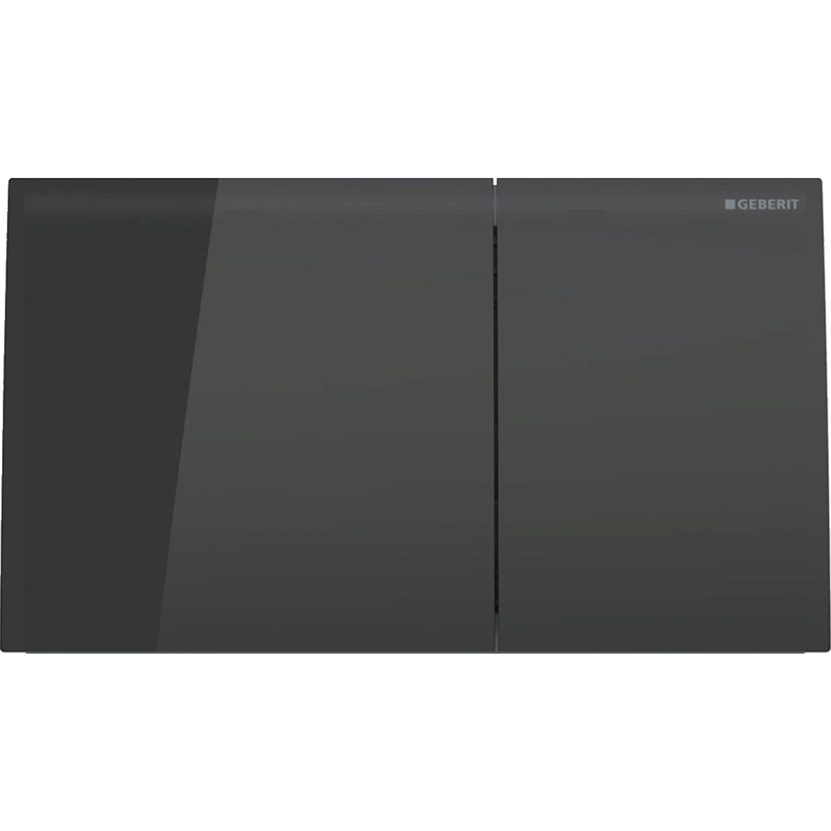 Black glass dual flush actuator plate with vertical dividing line and Geberit logo.