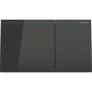 Black glass dual flush actuator plate with vertical dividing line and Geberit logo.