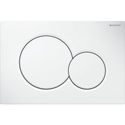 Alpine white rectangular actuator plate with two circular flush buttons, larger on left and smaller on right.