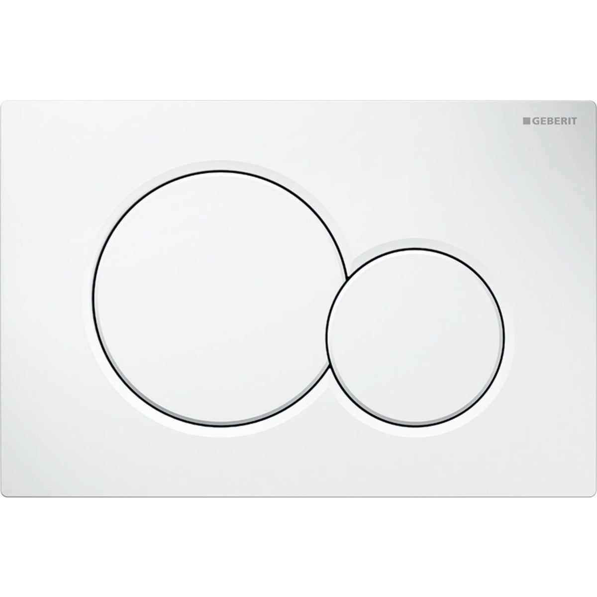 Alpine white rectangular actuator plate with two circular flush buttons, larger and smaller side by side.