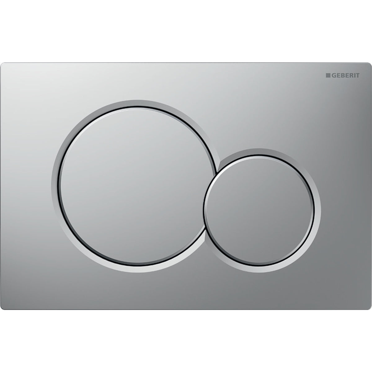 Matte chrome dual-flush actuator plate with two circular buttons, larger on left and smaller on right.