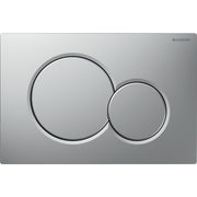 Matte chrome dual-flush actuator plate with two circular buttons, larger on left and smaller on right.
