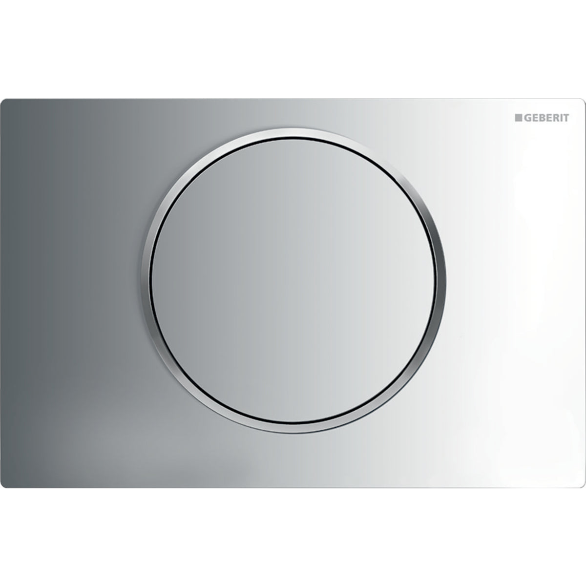 Geberit Sigma10 actuator plate with polished chrome finish and circular matte chrome accent button on rectangular backing pla