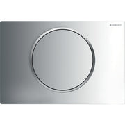 Geberit Sigma10 actuator plate with polished chrome finish and circular matte chrome accent button on rectangular backing pla