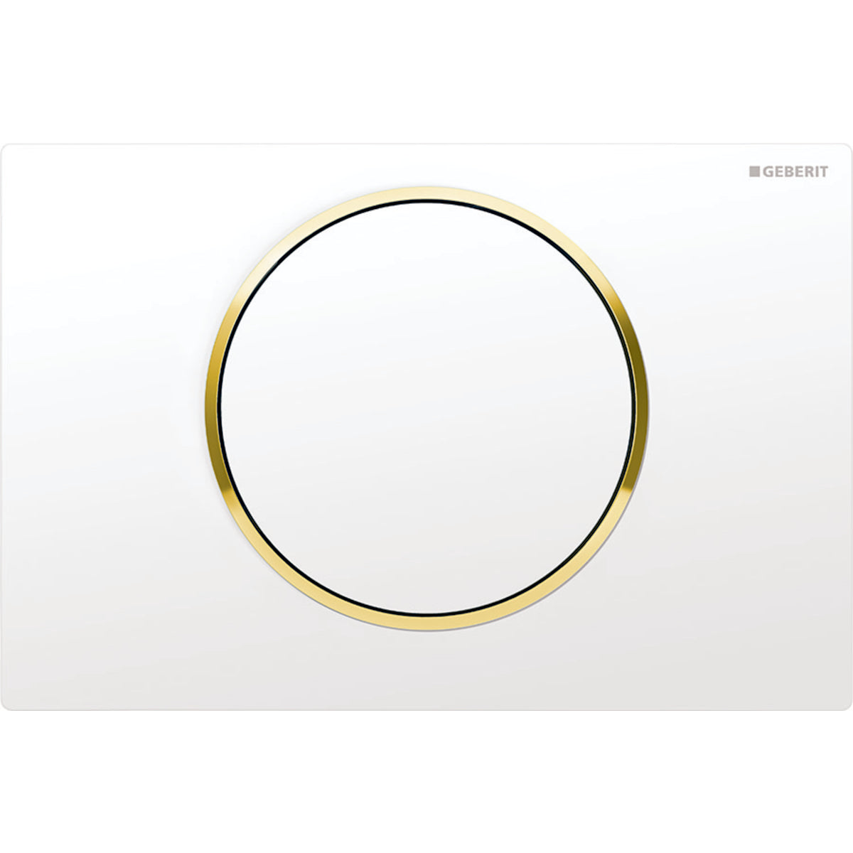 White square actuator plate with gold-toned circular ring and centered white button.