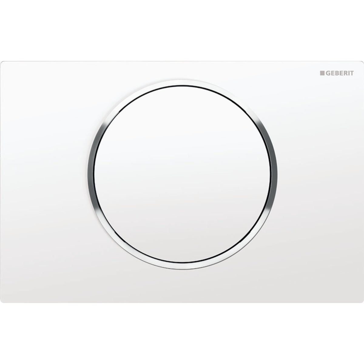 White rectangular toilet actuator plate with centered circular white button and dark gray trim ring.