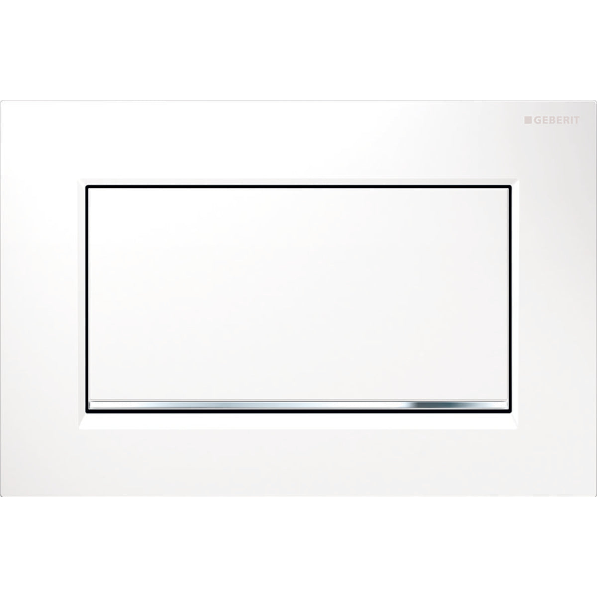 White rectangular flush plate with black border and polished chrome accent at bottom right corner.