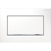 White rectangular flush plate with black border and polished chrome accent at bottom right corner.