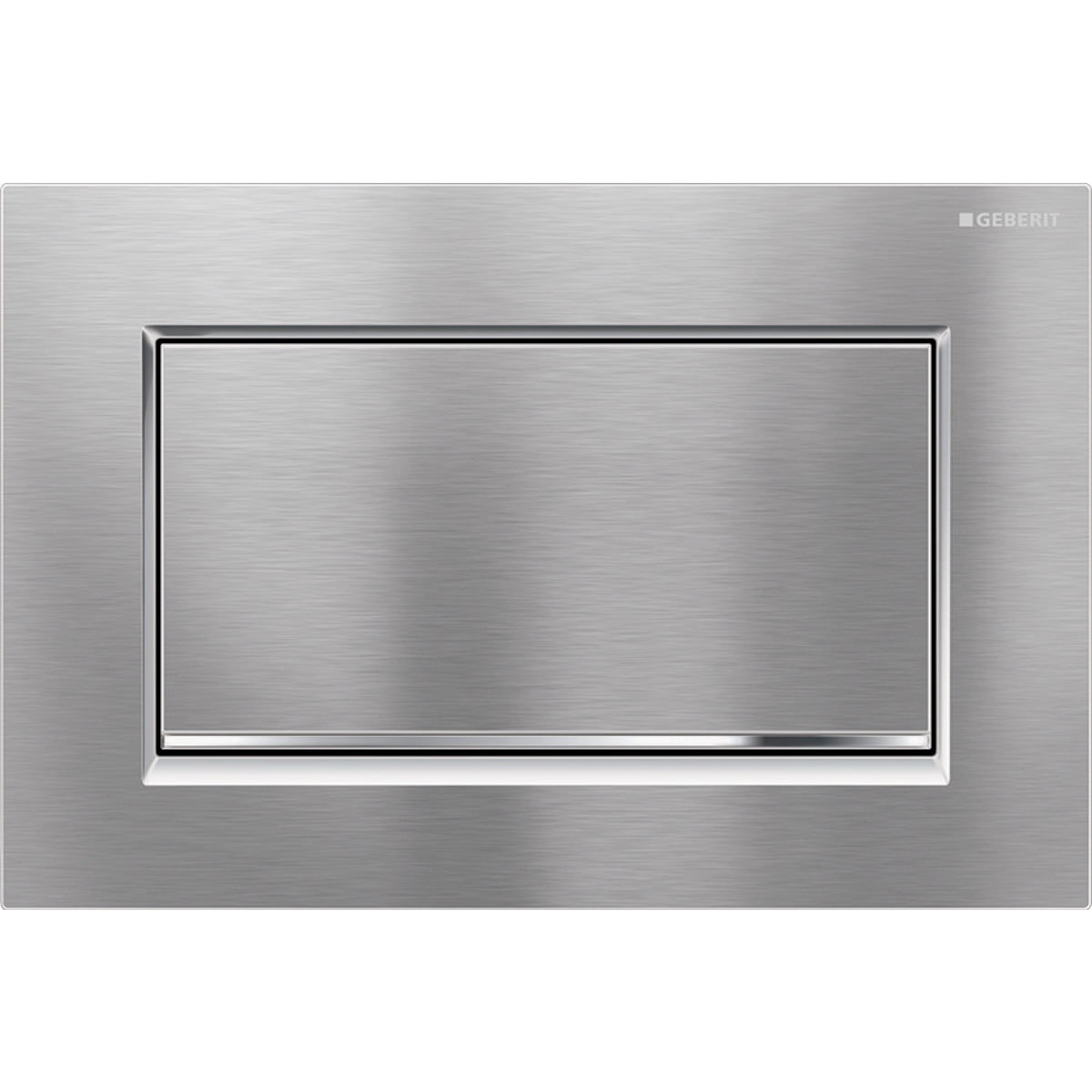 Brushed chrome rectangular flush plate with polished chrome border and center panel for wall-mounted toilet activation.