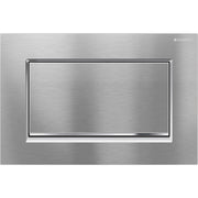 Brushed chrome rectangular flush plate with polished chrome border and center panel for wall-mounted toilet activation.