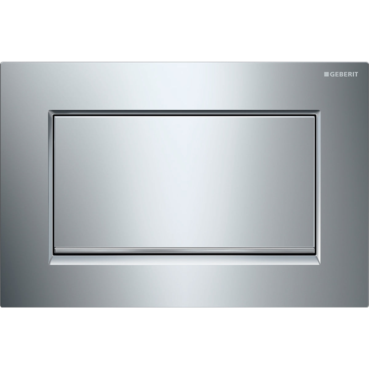 Polished chrome rectangular flush plate with brushed chrome accent border and single flush button.