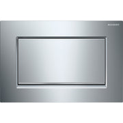Polished chrome rectangular flush plate with brushed chrome accent border and single flush button.