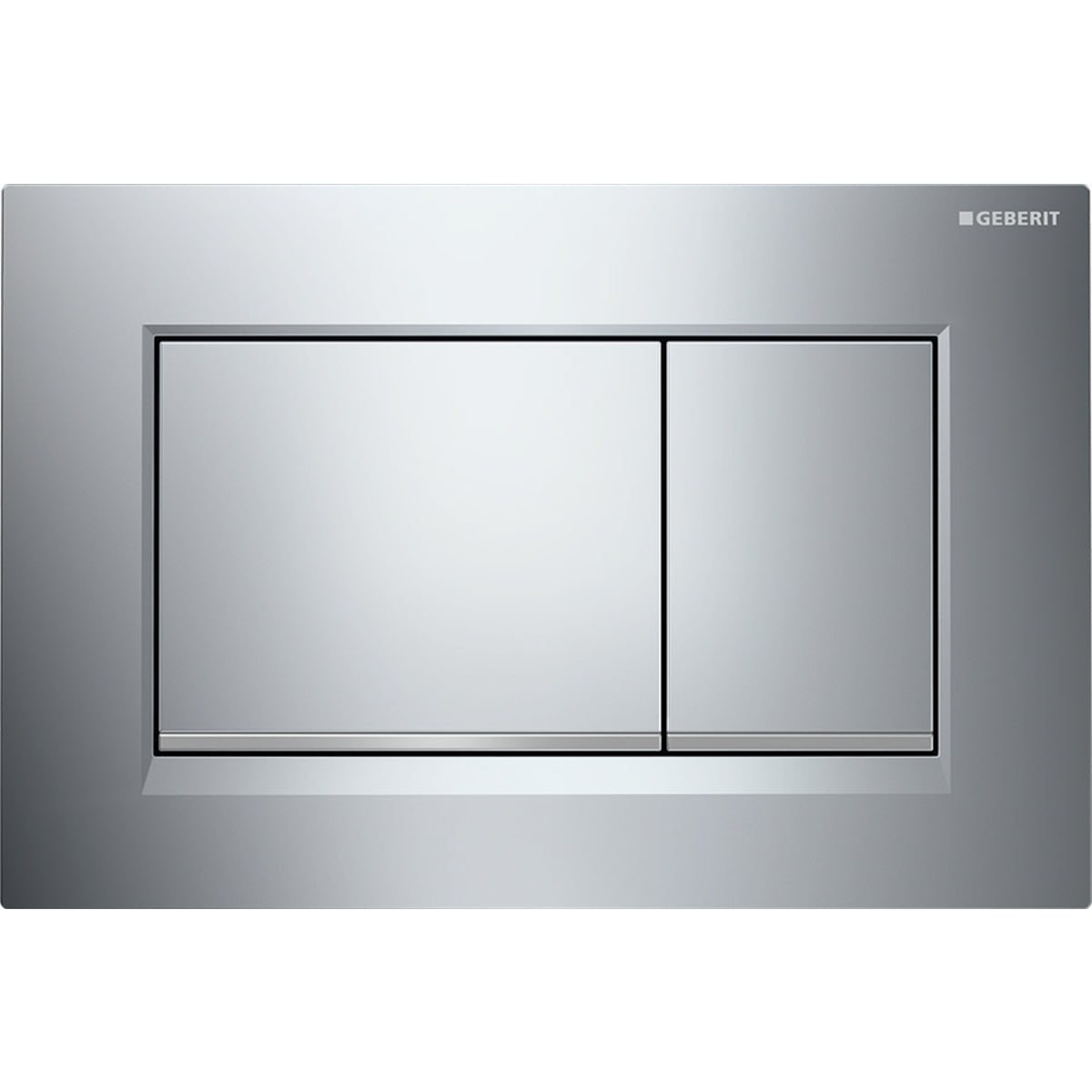 Chrome dual-flush toilet plate with two rectangular buttons separated by vertical divider.