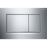 Chrome dual-flush toilet plate with two rectangular buttons separated by vertical divider.