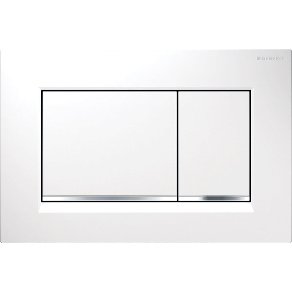 White rectangular toilet flush plate with two black-outlined buttons and chrome accent detail.