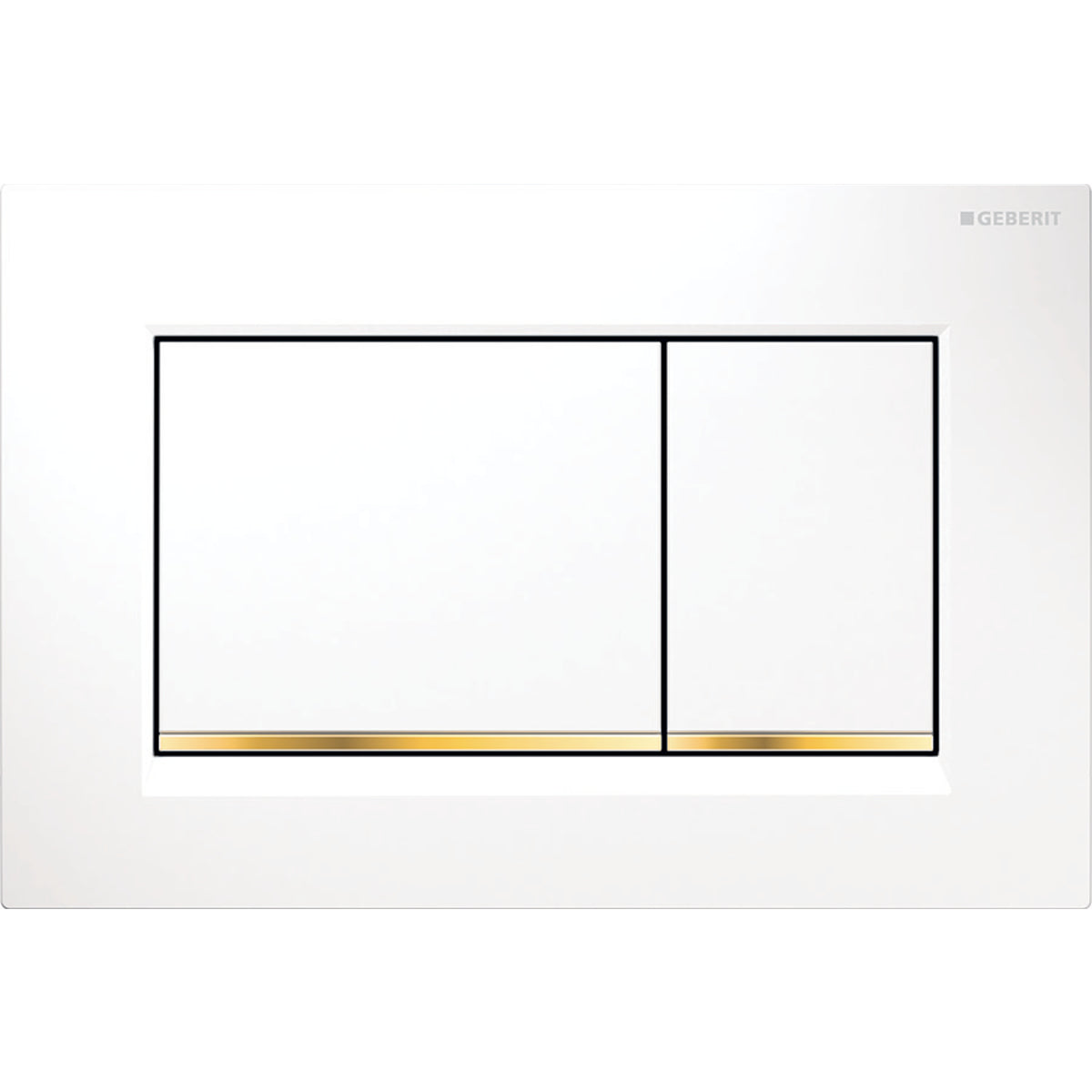 White rectangular dual-flush toilet plate with two buttons and polished gold accent strip at bottom.