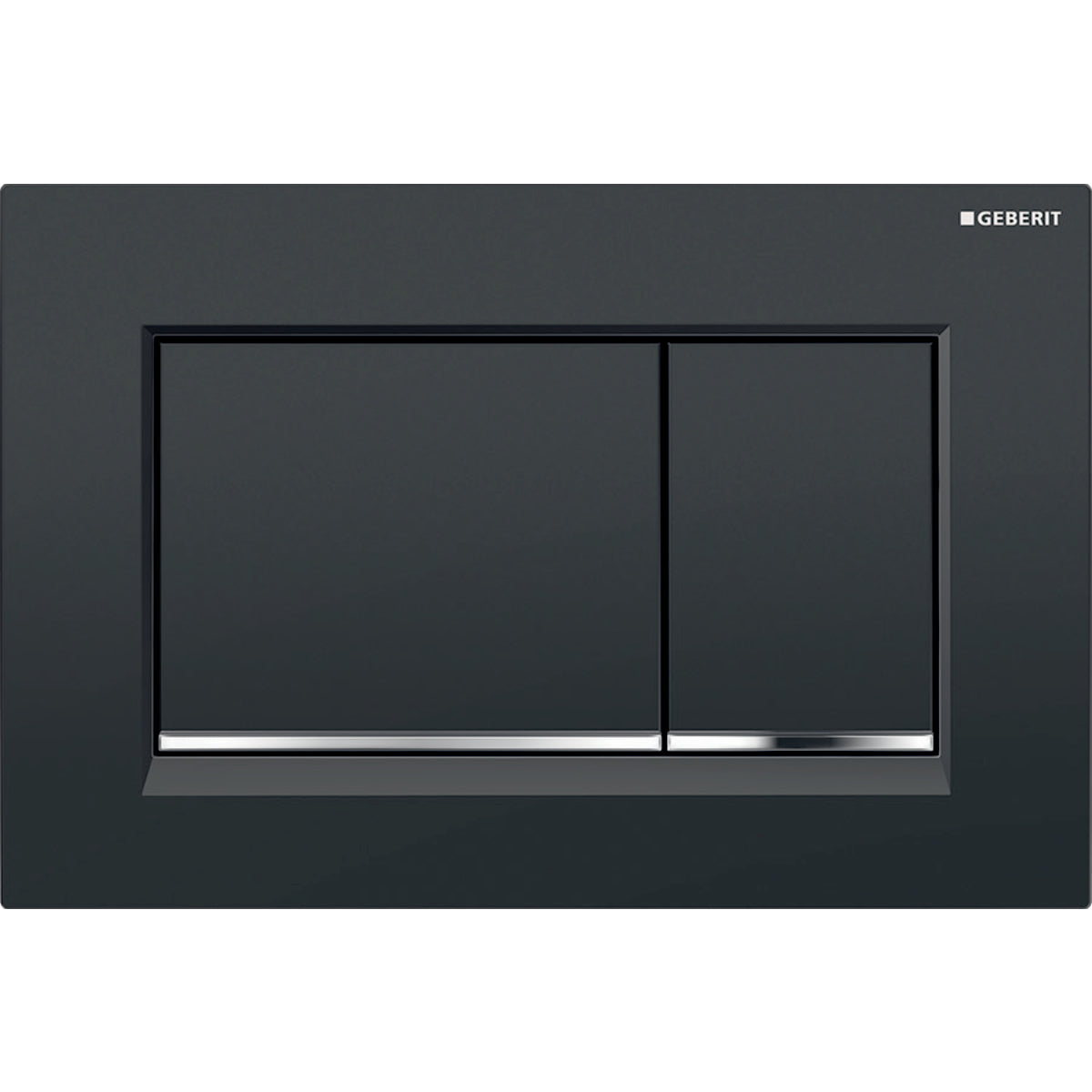 Black rectangular dual-flush toilet plate with two chrome-accented buttons and Geberit branding.