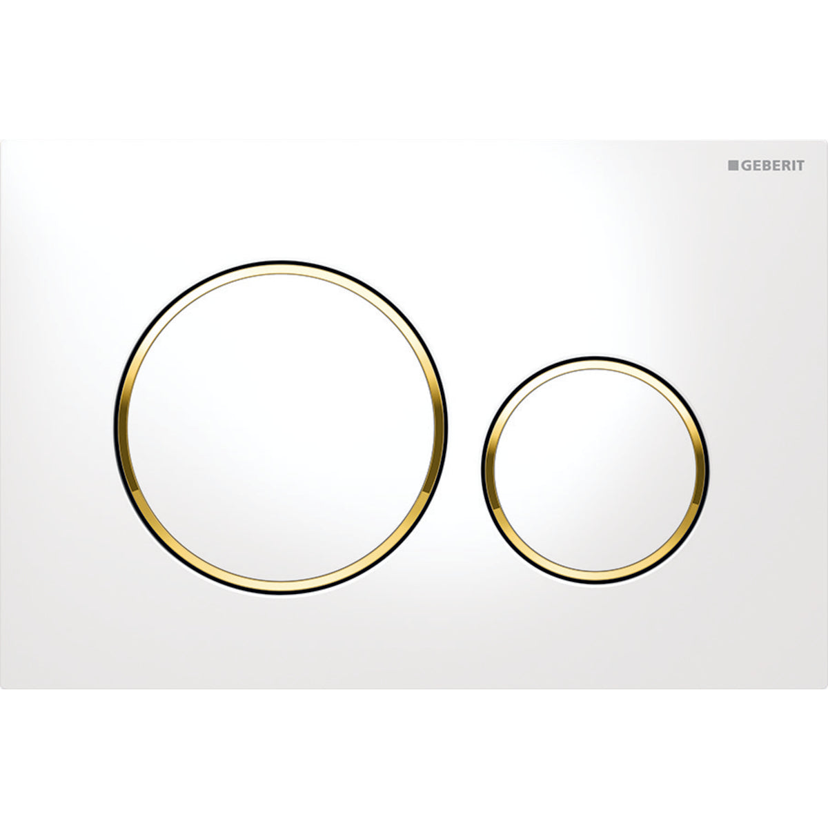 Sigma20 dual flush actuator with two circular buttons outlined in polished gold and white on white background.