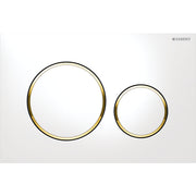 Sigma20 dual flush actuator with two circular buttons outlined in polished gold and white on white background.