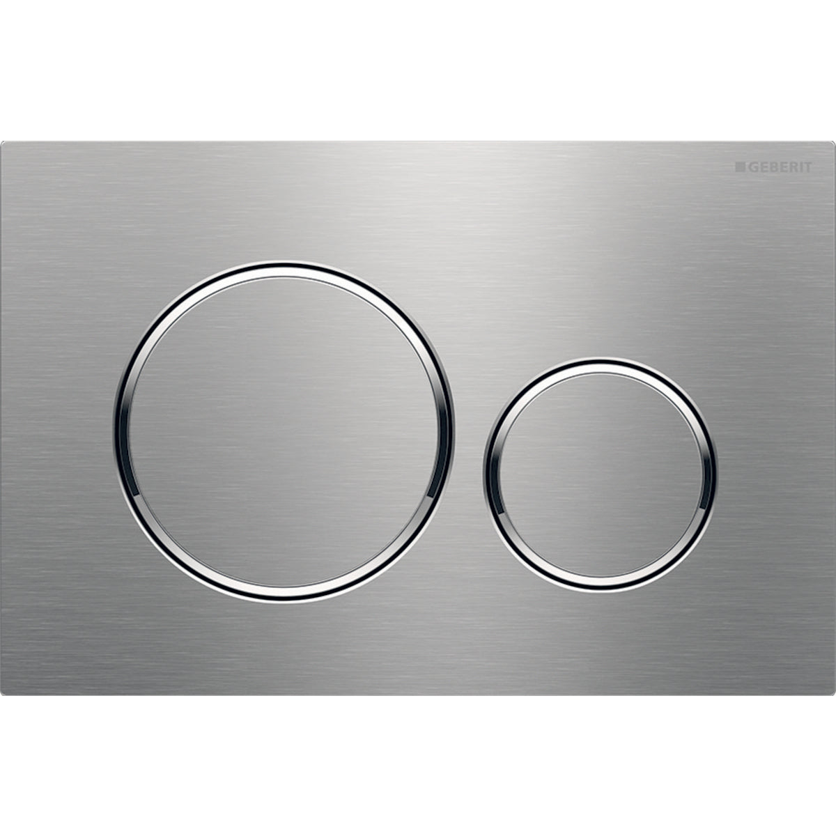 Stainless steel actuator plate with two circular buttons, one larger and one smaller, with chrome trim rings.