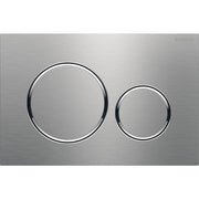 Stainless steel actuator plate with two circular buttons, one larger and one smaller, with chrome trim rings.