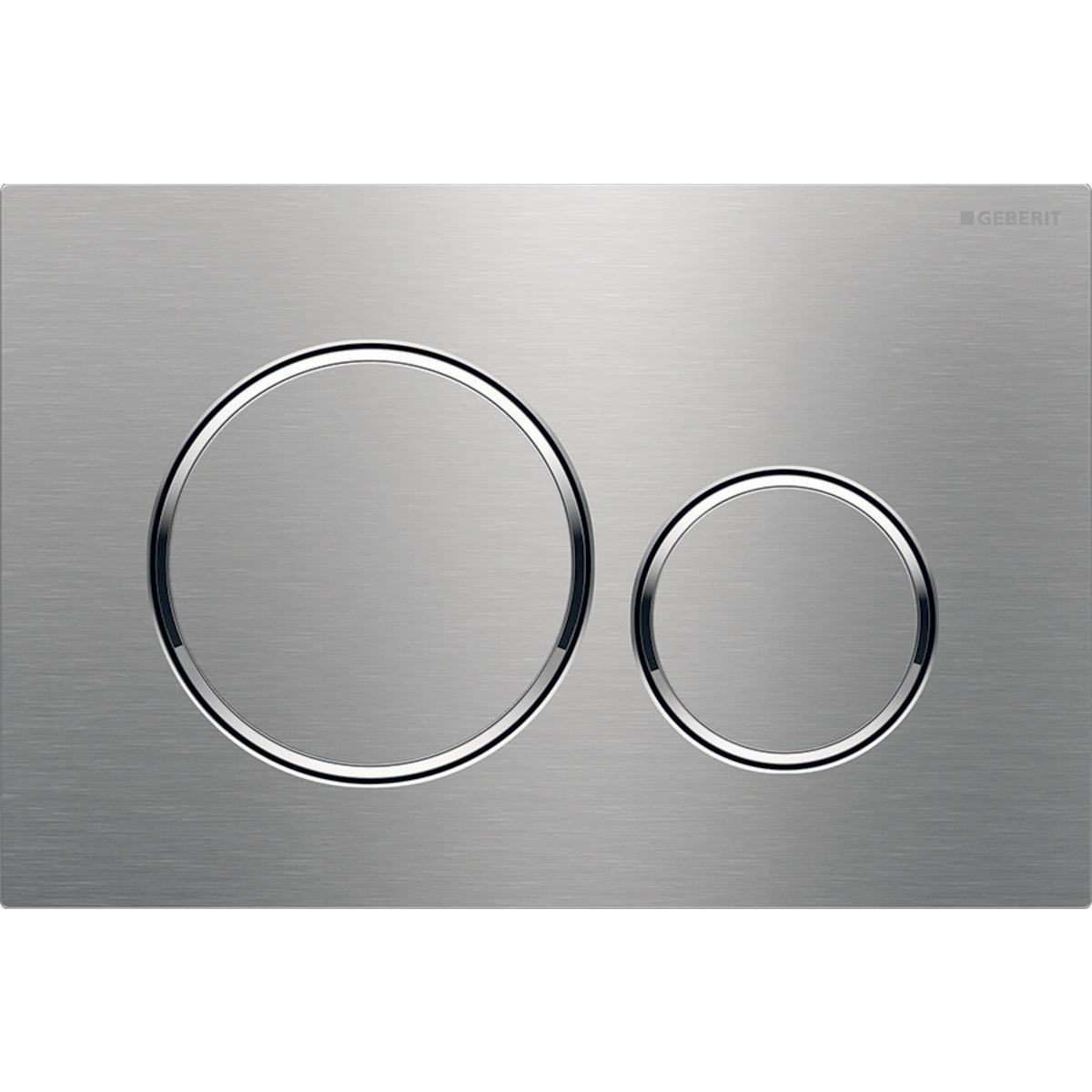 Brushed nickel rectangular actuator plate with two circular buttons for dual flush control.