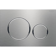 Brushed nickel rectangular actuator plate with two circular buttons for dual flush control.
