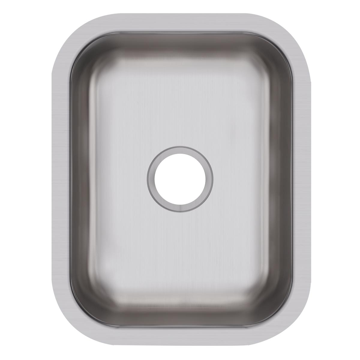 Stainless steel single bowl undermount sink with rounded rectangular shape and drain hole.