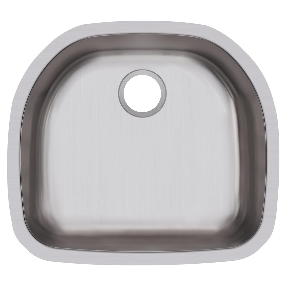 Stainless steel single bowl undermount sink with rounded square shape and drain hole, viewed from above.