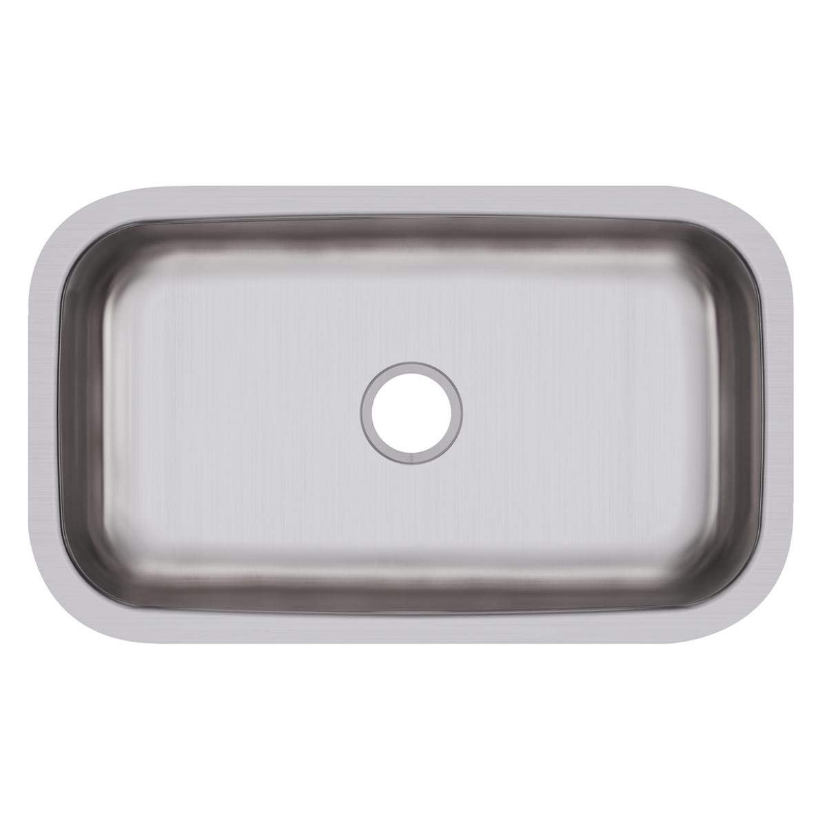Stainless steel single bowl undermount sink with rounded rectangular shape and drain hole, viewed from above.