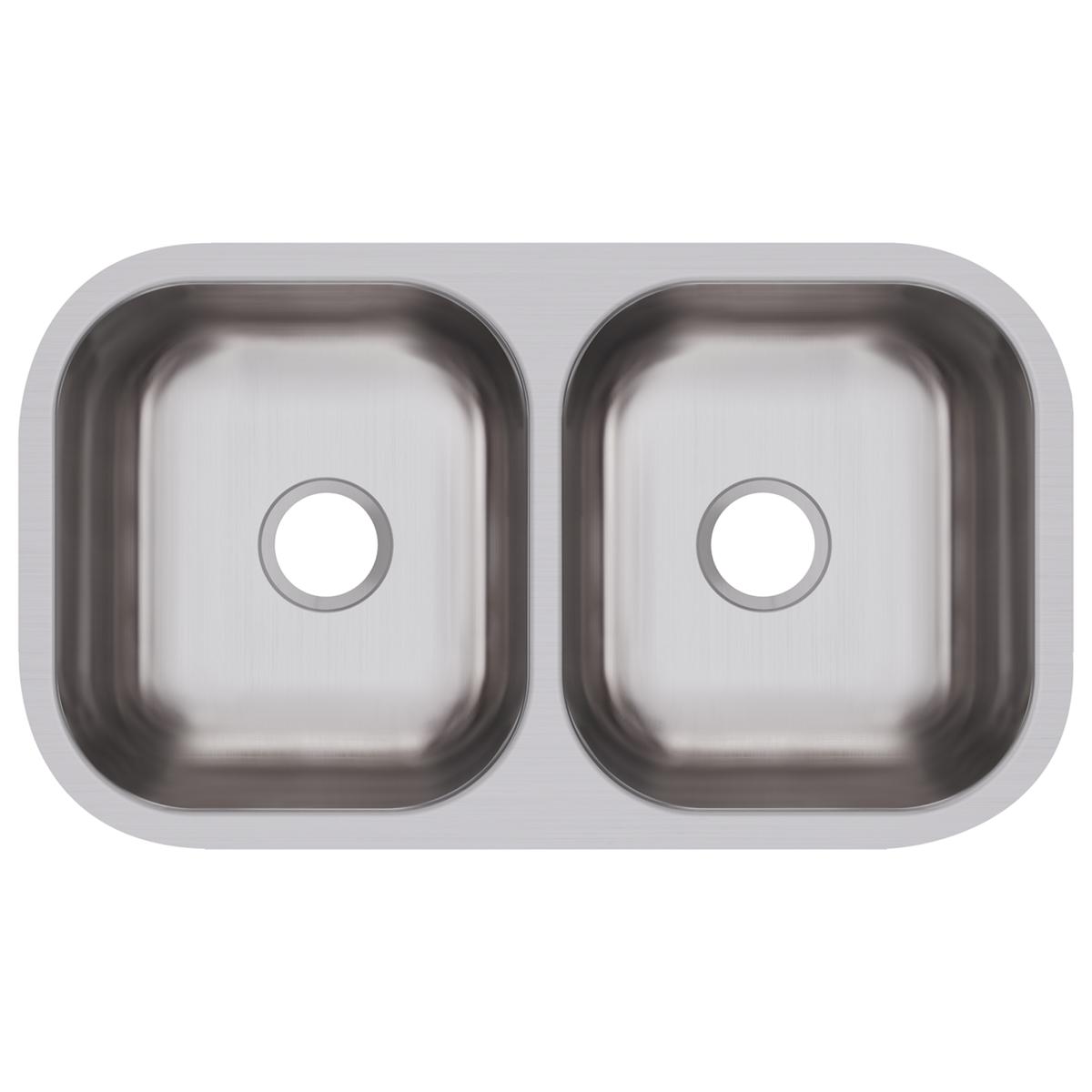 Stainless steel double bowl undermount sink with two equal-sized rectangular basins and drain holes.