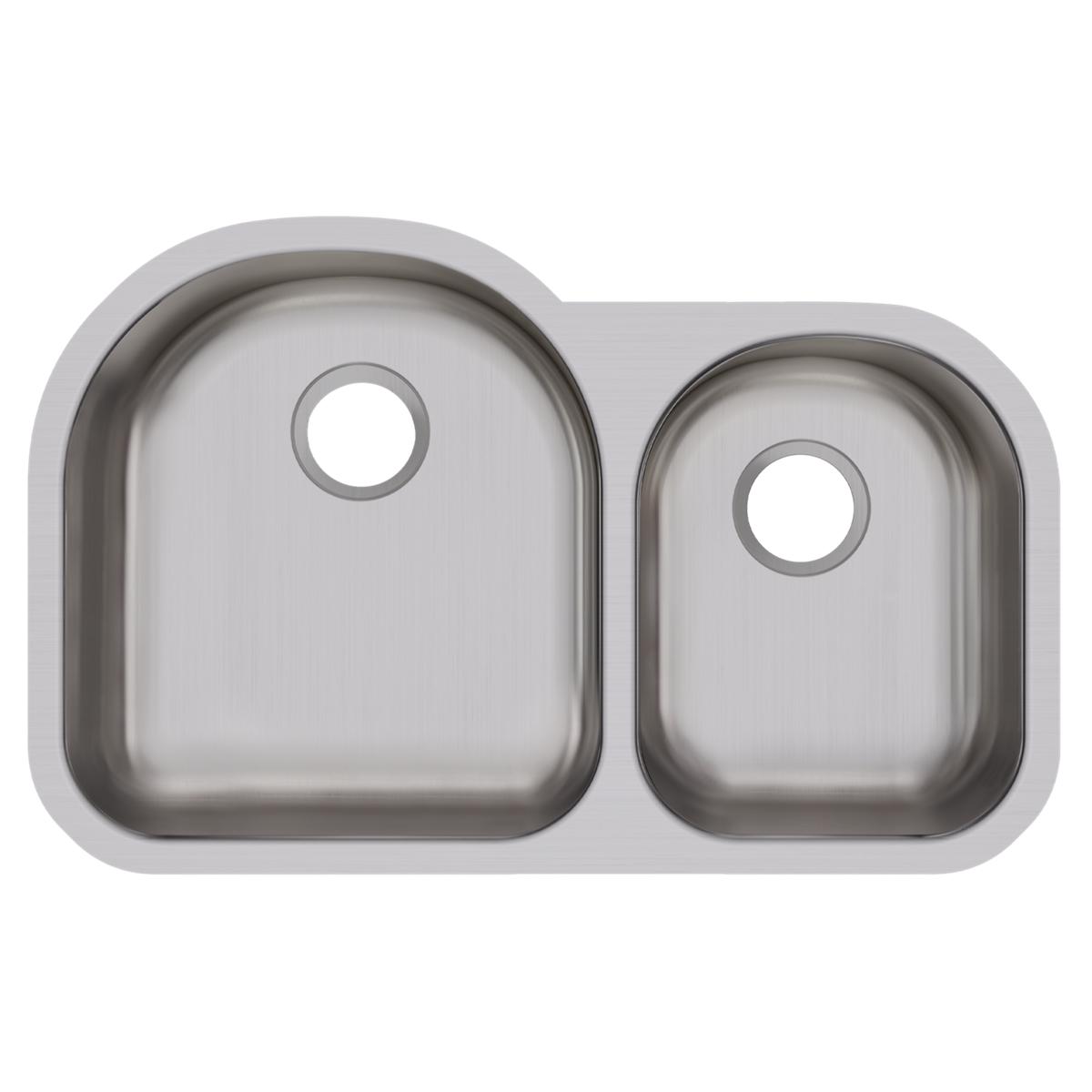 Stainless steel double bowl undermount sink with offset 60/40 configuration and drain holes.