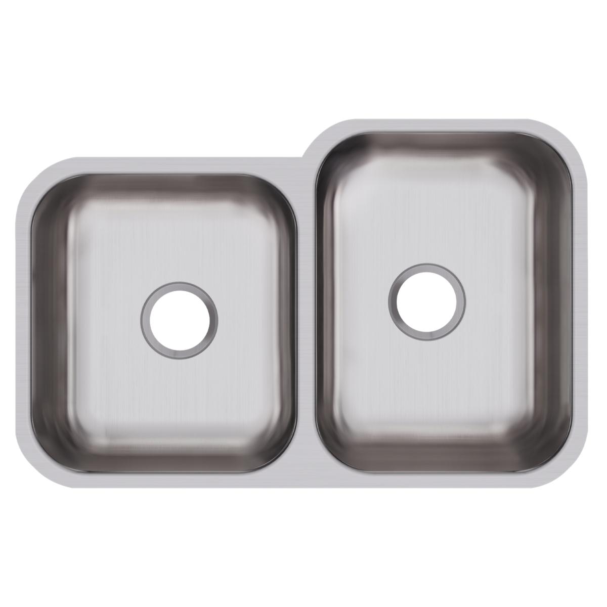 Stainless steel double bowl undermount sink with unequal sized rectangular basins and drain openings.