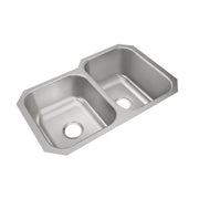 Stainless steel double bowl undermount sink with left bowl smaller than right, each with drain hole.