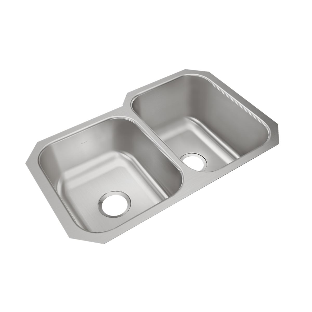 Stainless steel double bowl undermount sink with left bowl smaller than right, each with drain hole.