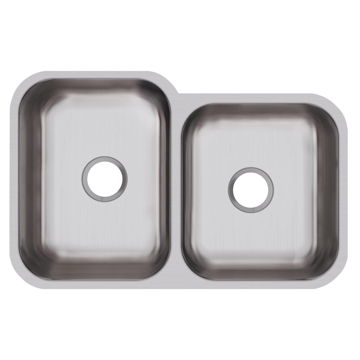 Stainless steel double bowl undermount sink with larger left bowl and smaller right bowl, each with center drain opening.