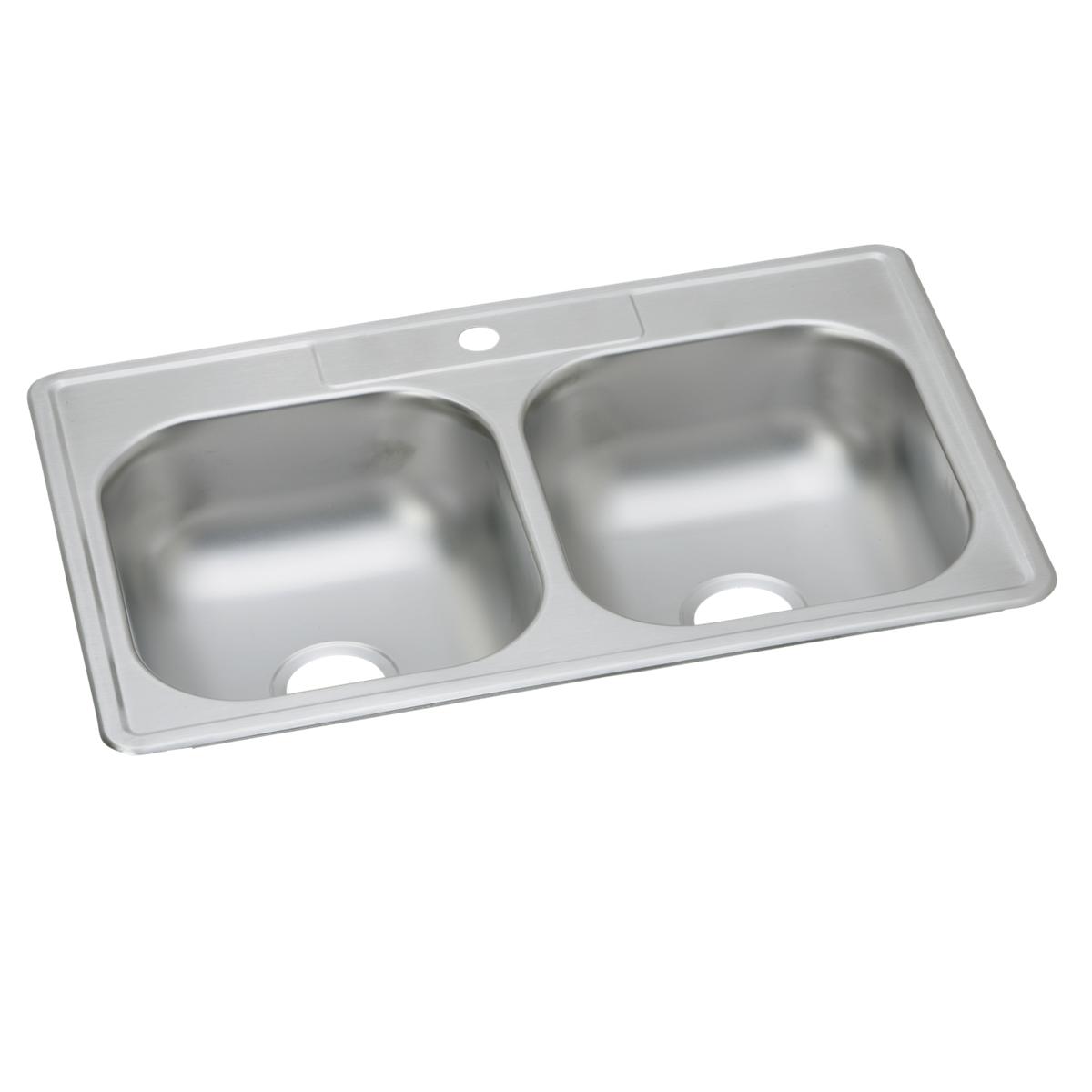 Stainless steel double bowl drop-in sink with two equal-sized basins and single faucet hole.