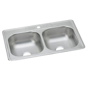 Stainless steel double bowl drop-in sink with two equal-sized basins and single faucet hole.