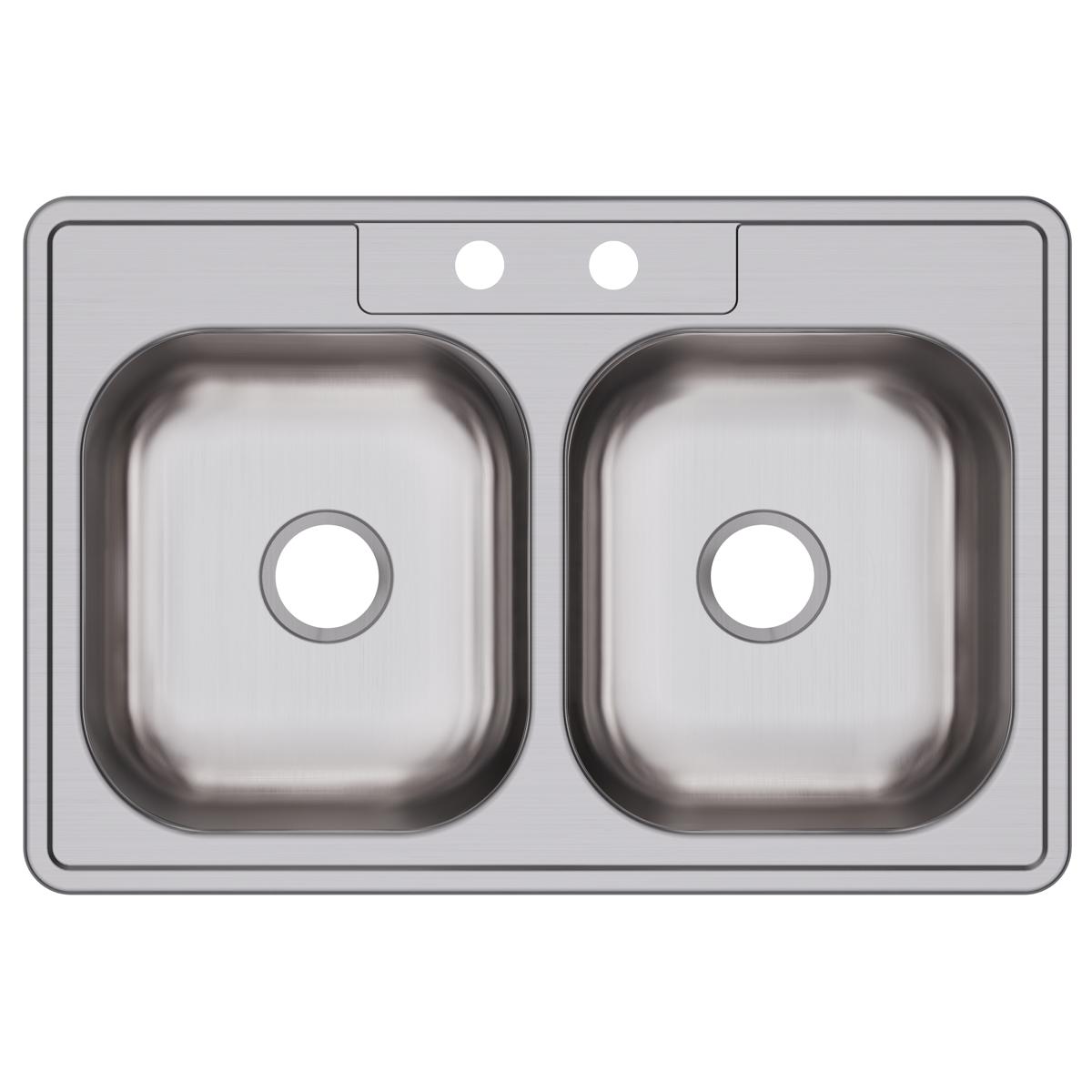 Stainless steel double bowl drop-in sink with two faucet holes and equal-sized rectangular basins.