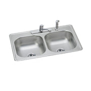 Stainless steel drop-in double bowl sink with chrome faucet and spray attachment mounted on rim.