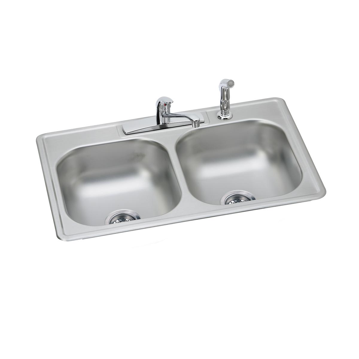 Stainless steel drop-in double bowl sink with chrome faucet and spray attachment mounted on rim.