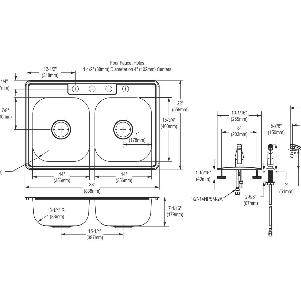 Stainless steel double bowl drop-in sink with four faucet holes and matching faucet, shown in top and side technical views wi