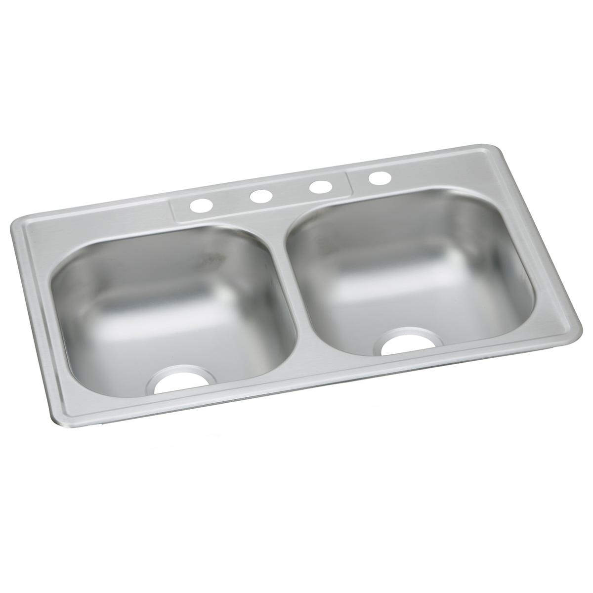 Stainless steel double bowl drop-in sink with three faucet holes along the rim and two drain openings.