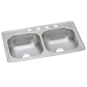 Stainless steel double bowl drop-in sink with two equal-sized basins and four faucet holes along the rim.
